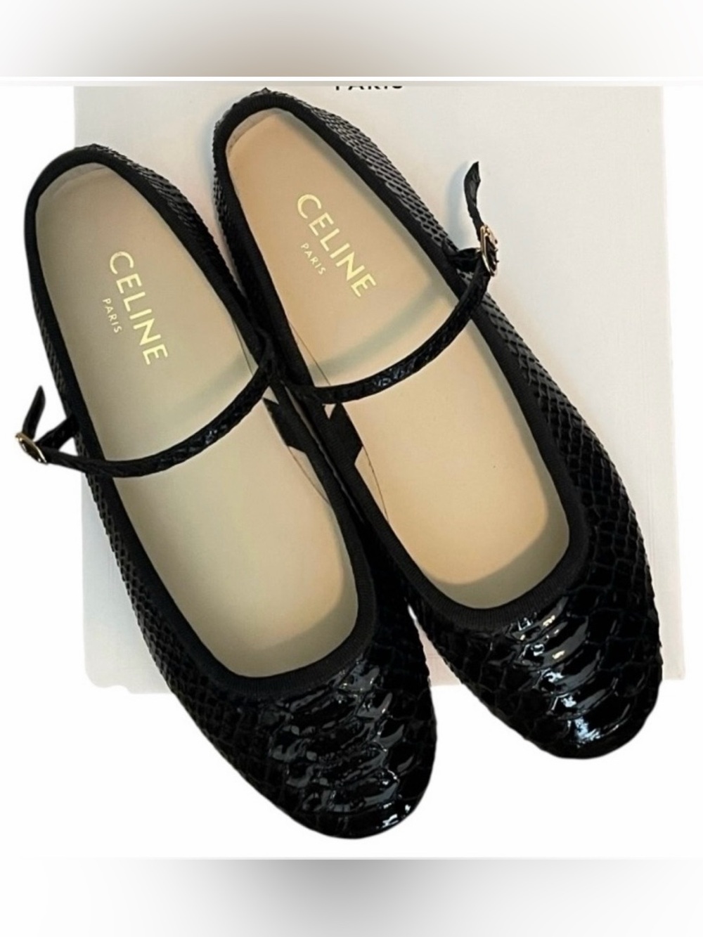 CELINE Les Ballerines Python-Stamped Calfskin Mary Jane Flats Size 37 New